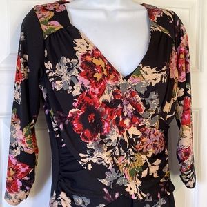 B-Slim NY Collection wrap dress slimming S black red floral flower midi dress